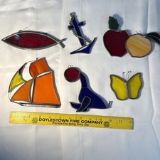 6 Vtg Stained Glass Nautical Sun catchers- Surfer Anchor Seal boat Butterfly