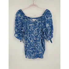 LC Lauren Conrad Floral Print Button Down Top Blue White - Size L