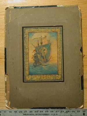 Design drawing for stained glass window with Tall ship with full sails and