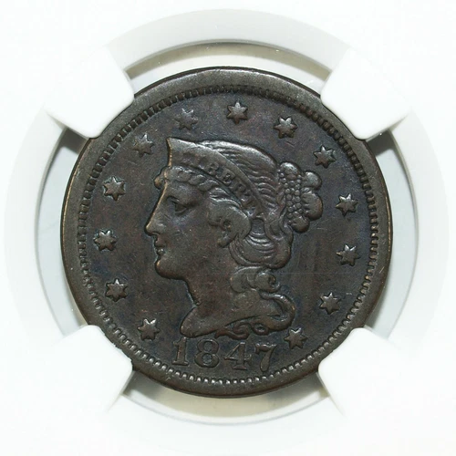 1847 NGC VF Details Braided Hair Large Cent ☆☆ Reverse Scratched 073
