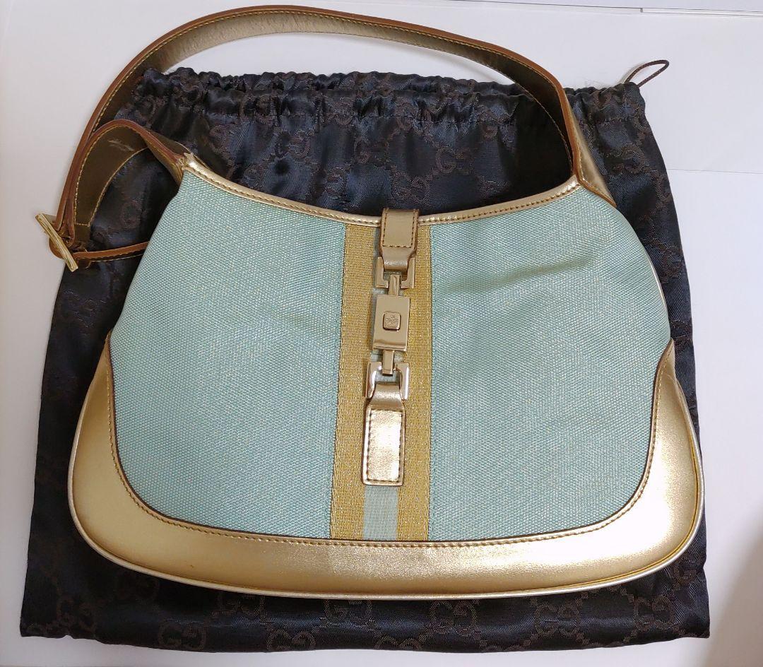 GUCCI Jackie Shoulder Bag in Blue Canvas and Calf Leather Authentic