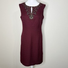Ellen Tracy Burgundy Red Tweed Beaded Sleeveless Knee Length Sheath Dress Sz 6