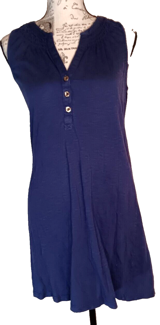 Lily Pulitzer Navy Blue Sleeveless Tunic Short Dress, Medium, 1/4 Button, Ruched