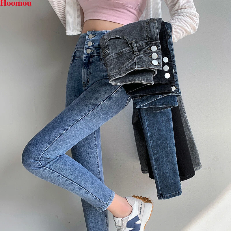 Fashion Solid Denim 5 Button High Waist Rugged Slim Fit Stretchable Ankle  Length Jeans for Women /