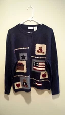 Vintage Patriotic Patchwork Cardigan Sweater - Croft & Barrow -  XL - Navy Blue