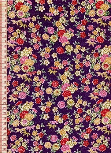 Yuzen Gold Chirimen 和服面料 19.7x27.6 英寸紫色带金色花卉日本 — 第 3/3 张图片