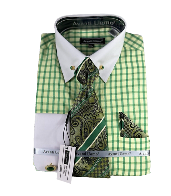 mens green dress shirt and tie Men's Olive Green Satin Dress Shirt with Tie & Handkerchief 21.5 37/38 / Olive Green