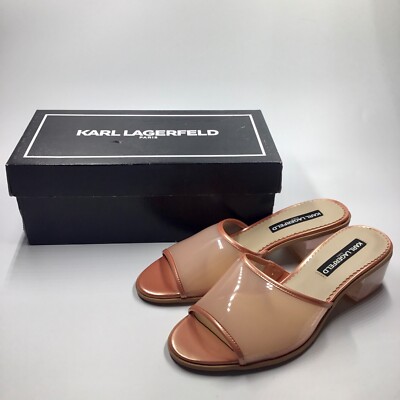 NIB Karl Lagerfeld Paris Faina Transparent Block Heel Slides Sandals Coral 8.5