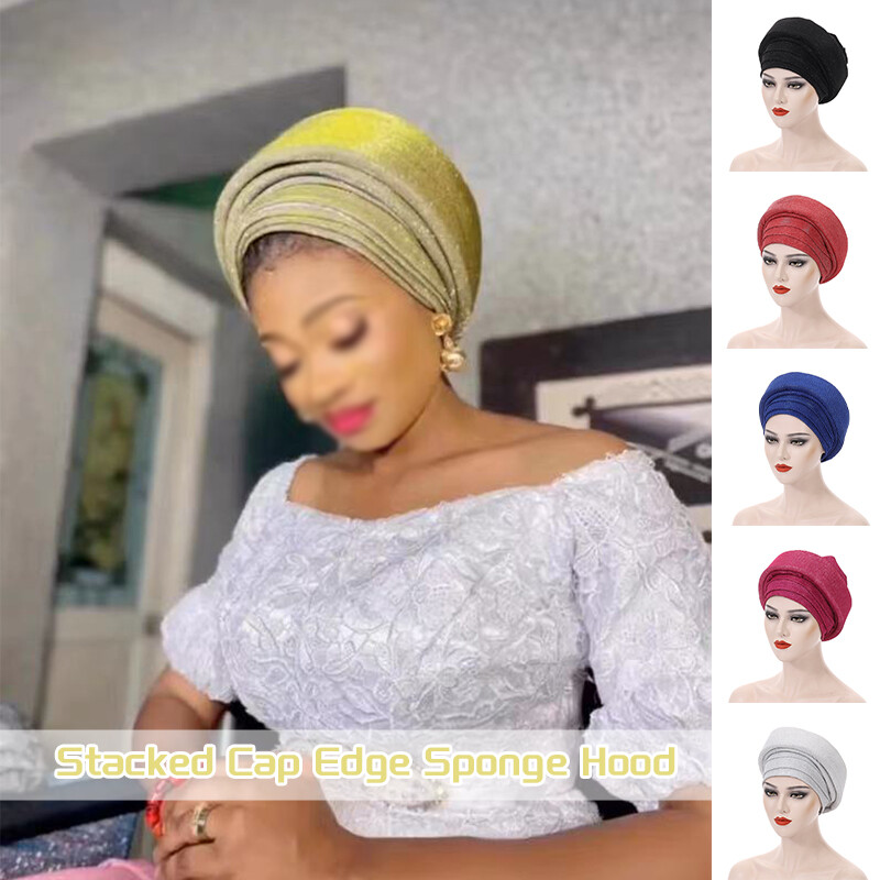 Stacked Edge Sponge Hood Muslim Hat Glitters Pleated Head Wrap Female  Turban Cap