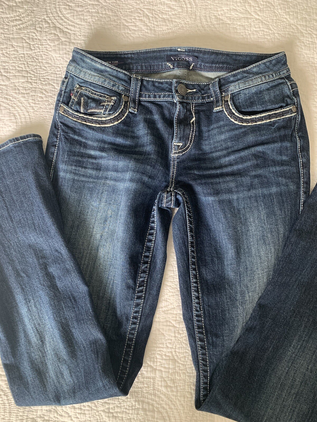 Vigoss New York Sz 5 Denim Jeans Boot Cut Slim Thick Stitch Embellished