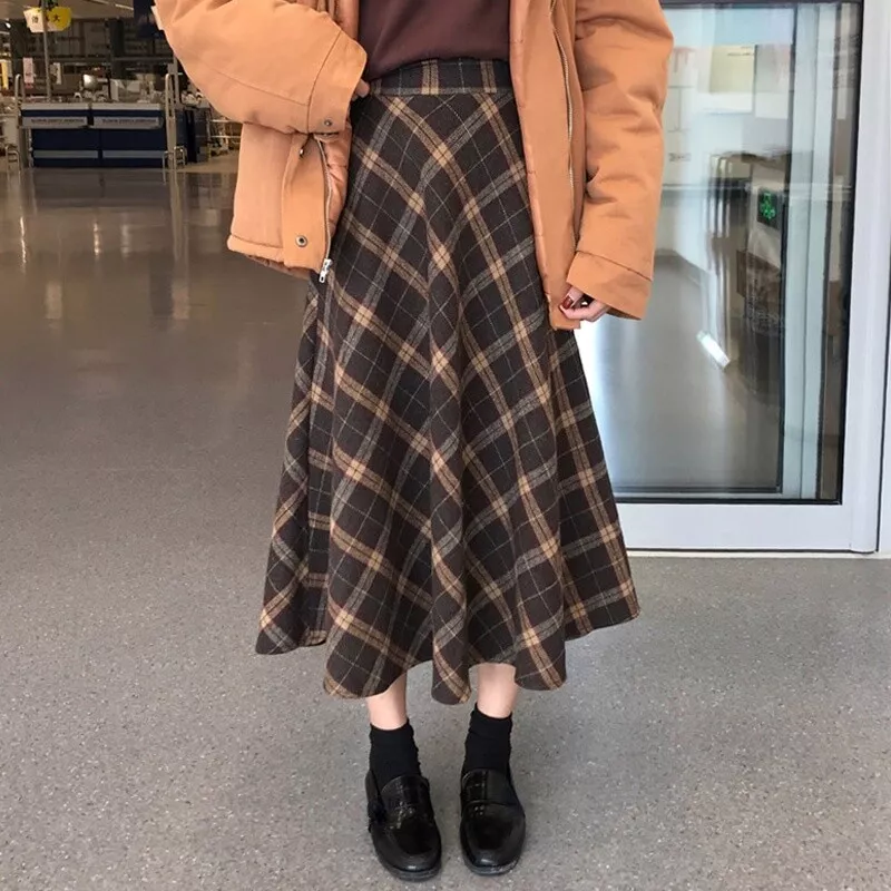 Lady Plaid Skirt Midi High Waist Flared A-Line Skater Retro Winter Casual  Warm