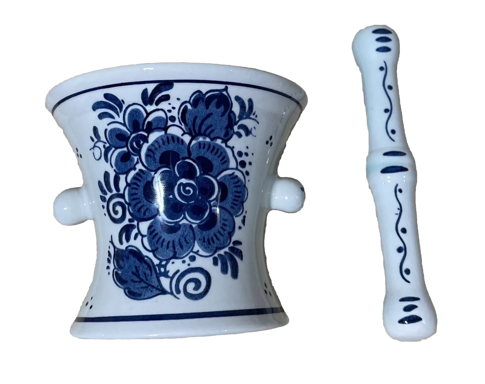 Blauw Delfts Distel Holland Mortar Pestle Muddler Earthenware 2 Pieces Rare B&W
