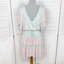 StichDrop Dress Women Small Pink Blue Cottage Bloom Floral Tiered Flutter Sleeve