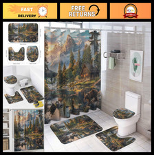 4-Piece Forest Bear Shower Curtain Set, Farmhouse Animal Rugs Non-Slip Mats
