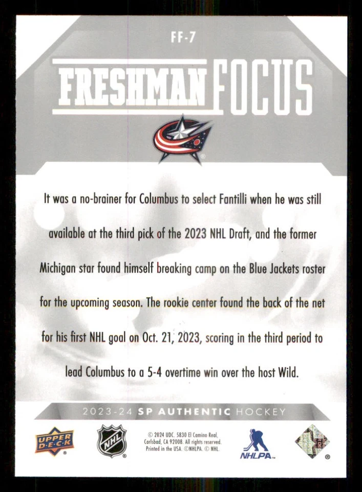 2023-24 SP Authentic Freshman Focus #FF7 Adam Fantilli - Image 2 of 2