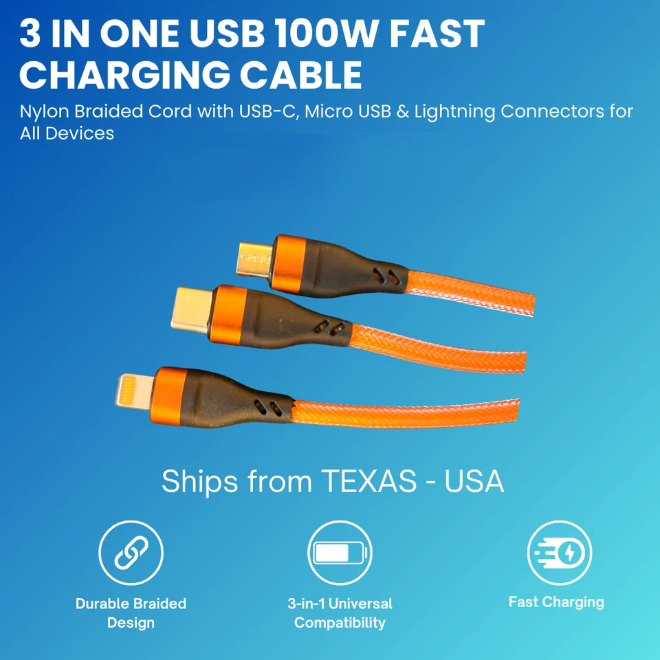 3 in 1 USB 100W Fast Charging Cable 1.2m - Orange - Image 2 of 3