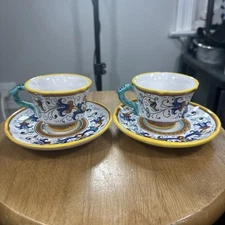 Set of 2 Ricco Deruta Espresso Tea Cups & Saucers Painted Majolica Flawed