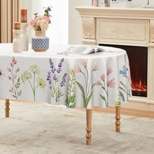 Spring Tablecloth 60 84 Inch Oval, Watercolor Wild Flowers Blooming Floral Wa...