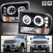 Black Fits 1999-2004 Ford F250 F350 F450 Superduty LED Halo Projector Headlights