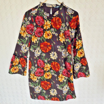 French Fleur Bleue Floral Dress Women's Sz 2 Boutique Bell Sleeves 60s/70s Vibe