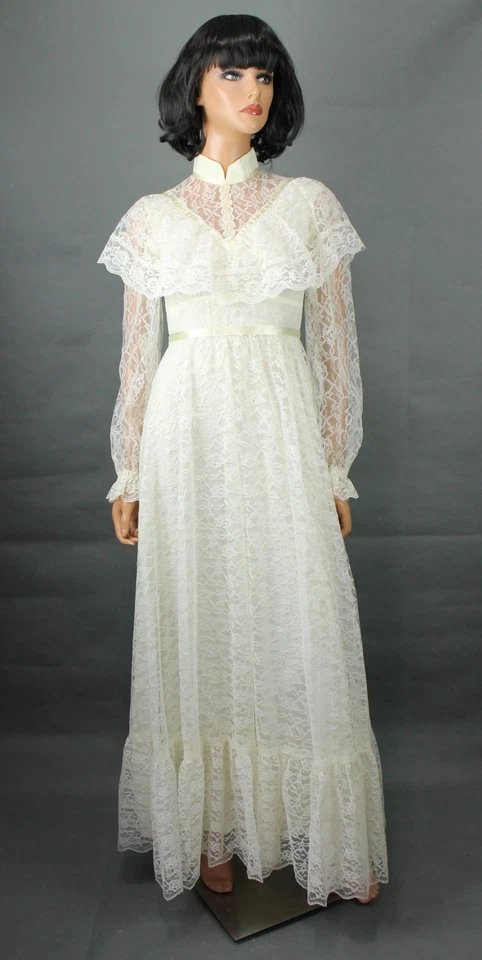 Vestido de novia hippie XS vintage años 70 cuello alto marfil blanco roto encaje capa vestido Foto 2 de 4