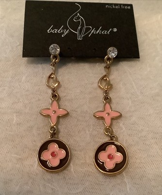 Baby Phat Gold Tone Pink & Black Dangle Earrings New With Tags