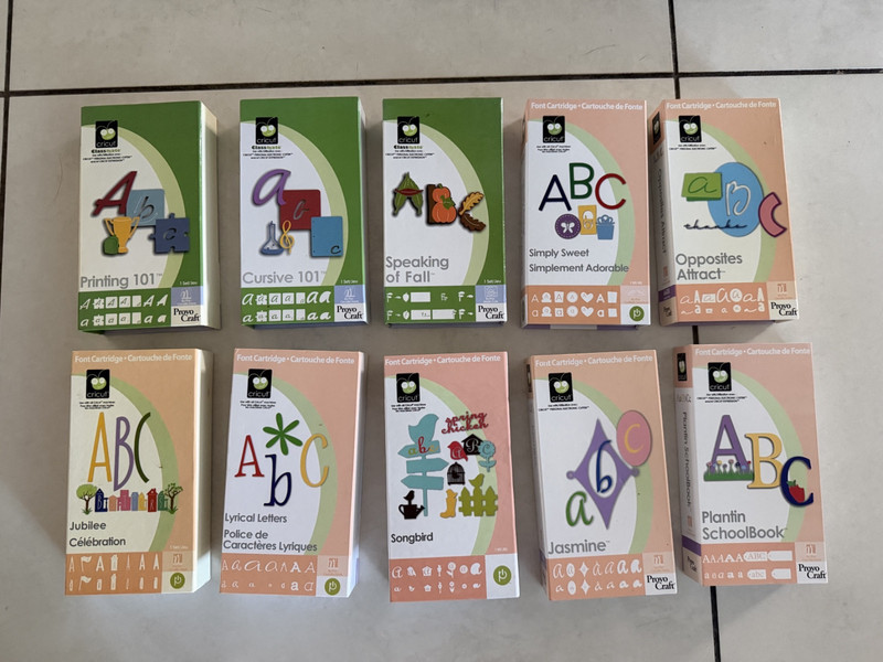 LOT of 10 CRICUT Font Cartridges Complete In Boxes With Keyboards & Booklets