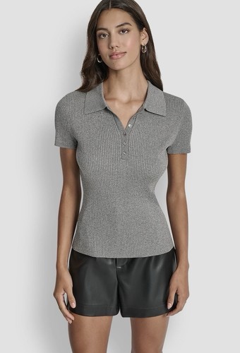 NWT DKNY Jeans Silver Metallic Ribbed Polo Sweater Women’s Size Small