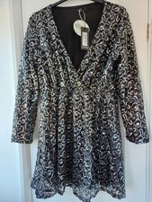 BOOHOO Sz 16 BLACK SILVER SEQUIN EVENING COCKTAIL PARTY DRESS NEW PLUS CURVE 