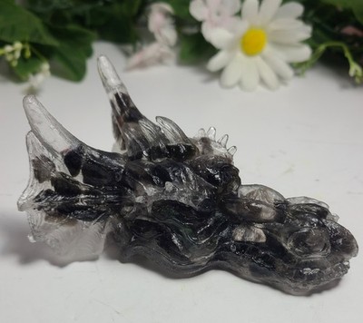 Rare 4'' Pretty Silver Sheen & Black Obsidian Crystal Orgonite Dragon Head Skull