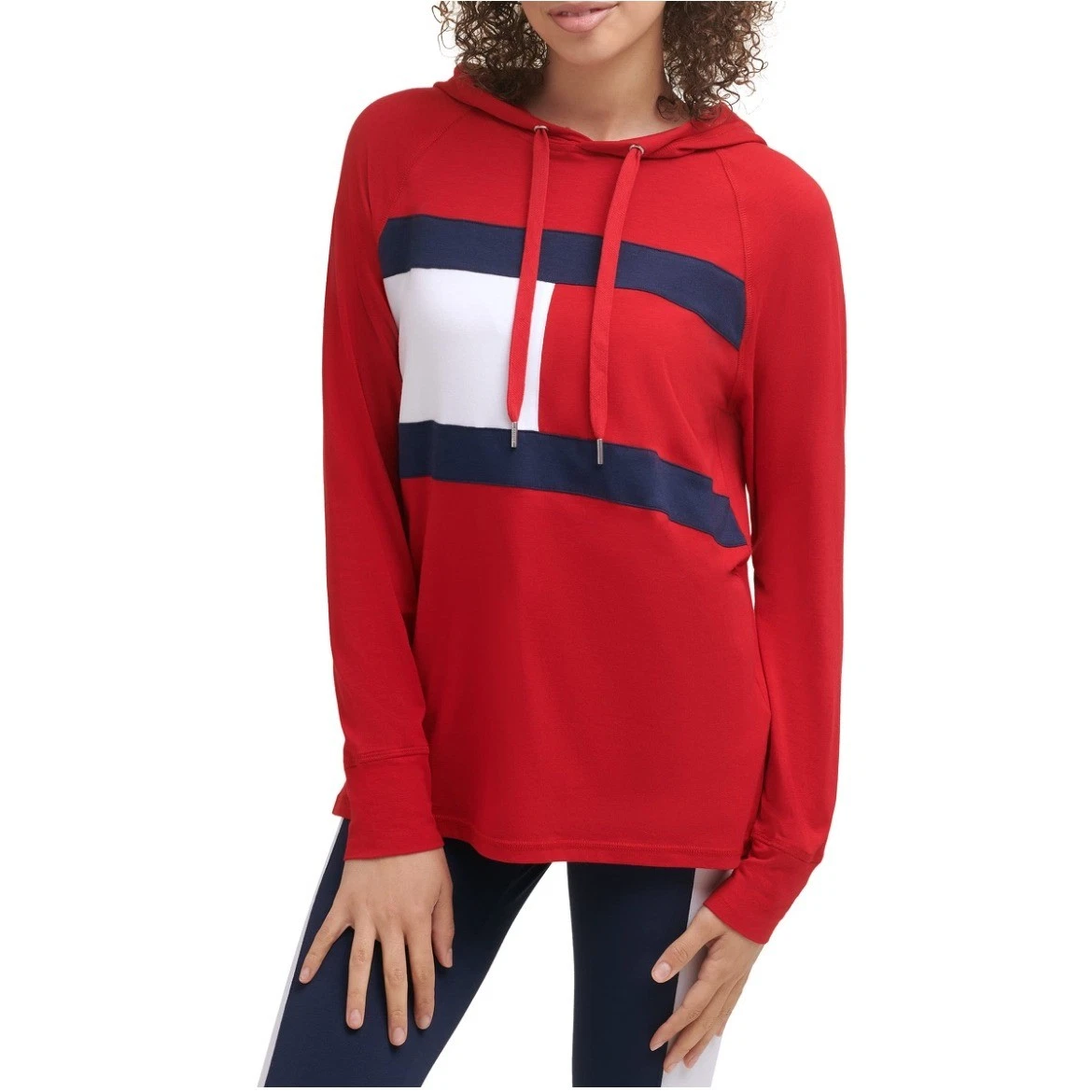 Tommy Hilfiger Sport Red Colorblock Lightweight Hoodie Large Pullover Casual