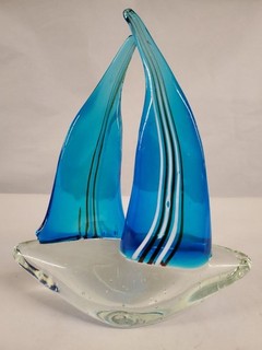 Blue Clear Glass Sailboat Sculpture
