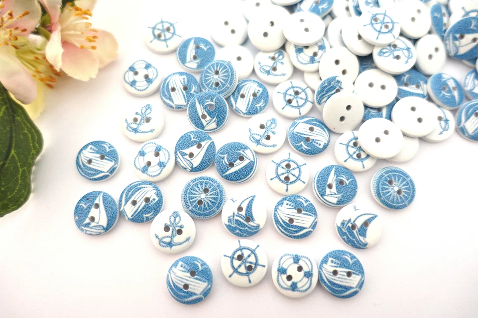 10x Knopf 15mm Rund Maritim Anker Boot Knöpfe Kinder Jungen Buben blau weiß Meer - Bild 4 von 4