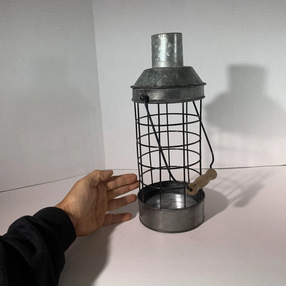 Rustic Primitive Style Round Caged Galvanized Tin Metal Lantern Candle Holder - Image 2 of 4