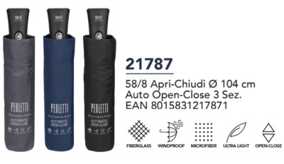 Portable Men's Umbrella XL Perletti Open Close Windproof For Sun Rain 21787