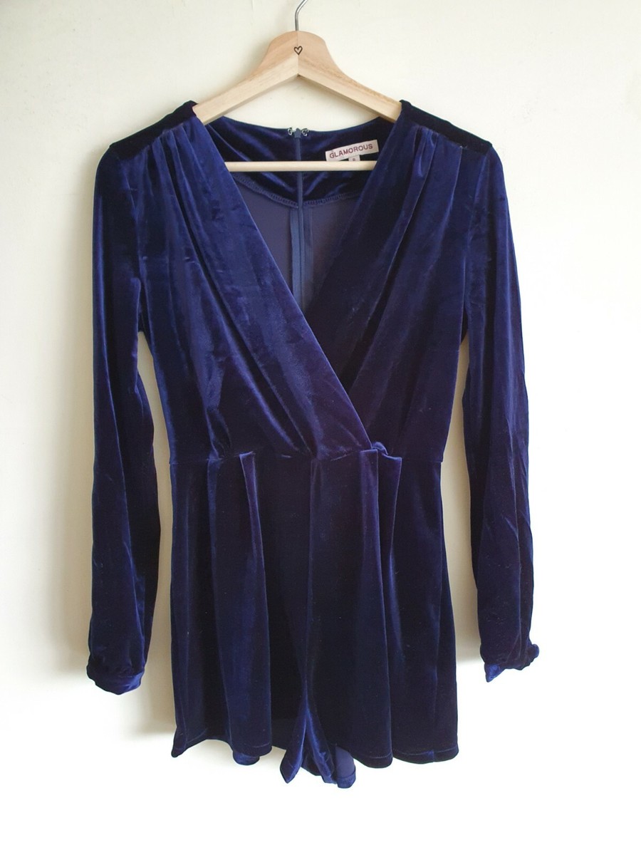 Navy Blue Velvet Playsuit Shorts UK