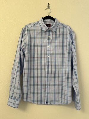 Untuckit Shirt Men's Large Plaid Blue Button Down Long Sleeve Wrinkle Free