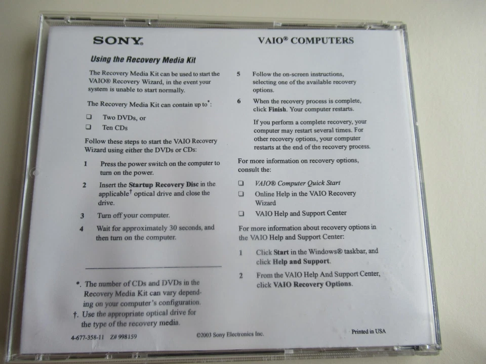 SONY RECOVERY DVD 2 DISCS VAIO RECOVERY WIZARD 2003 - Image 2 of 4