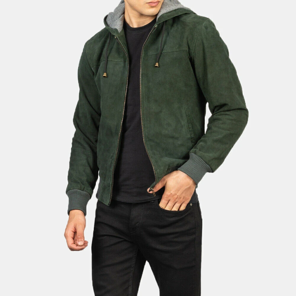 Men's Green Lambskin Suede Jacket Real Soft Sheepskin Bomber Jacket With Hood