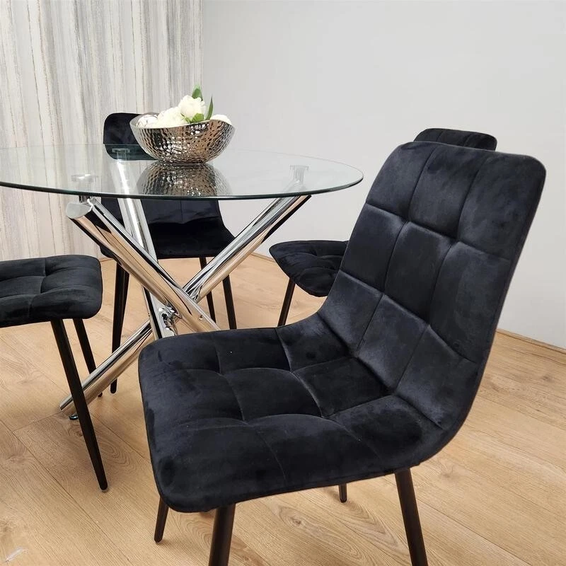 Round Glass Dining Table Set with 4 Black Velvet Chairs Chrome Legs - Image 2 of 4