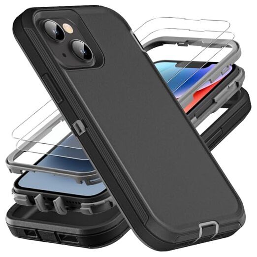 for iphone 13 Case/iphone 14 Case, Military Grade 3 in 1 Heavy Duty Black/Grey
