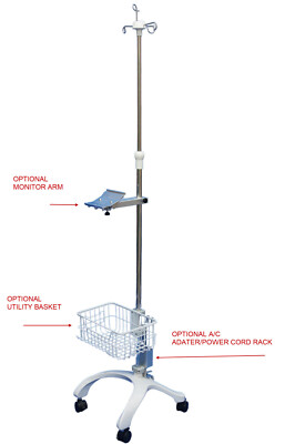 Full metal stackable base iv pole roll stand with optional monitor arm ...