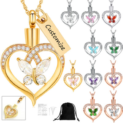 Crystal Butterfly Heart Urn Pendant Memory Necklace for Ashes Keepsake Jewelry