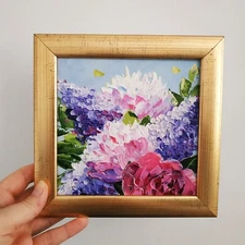 Bouquet of lilacs and peonies painting Impasto Oil Original Art 6 х 6