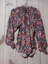 Dear John Shirt Ladies Extra Small Gray Pink Floral Peasant Balloon Sleeve