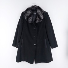 Barbara Lebek Size 20 Black Faux Fur Collar 75% Wool 5% Cashmere Pea Coat