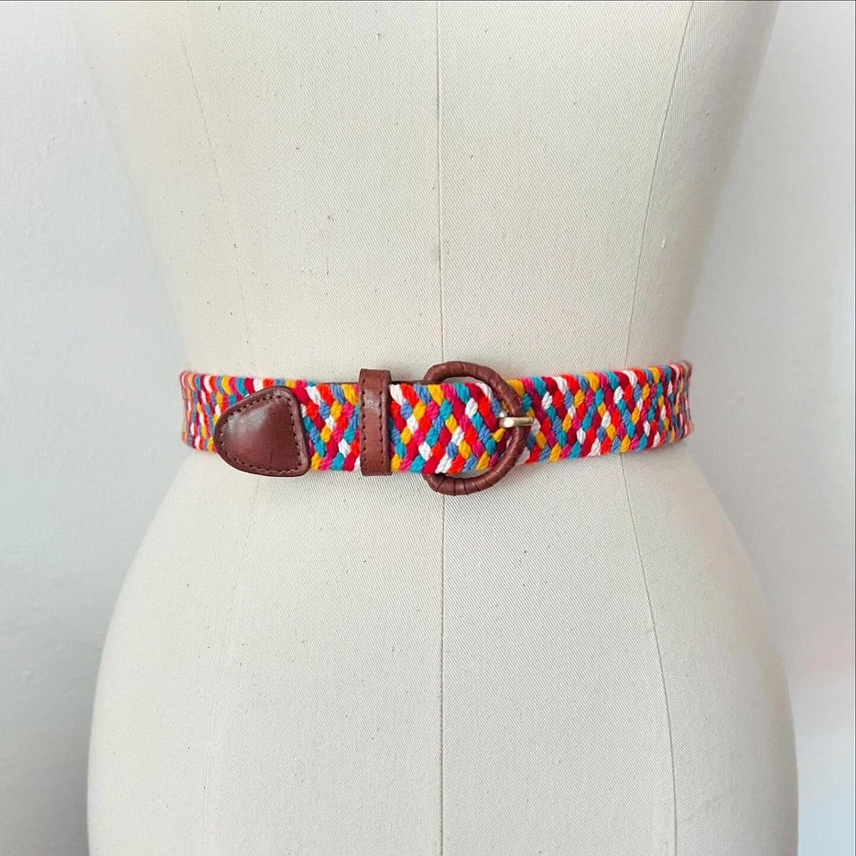 Rainbow Braided Corded 90’s 90s Vintage Cotton Stretch Brown Leather Belt S M L - Image 2 of 4