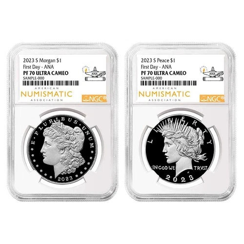 2023-S Proof $1 Morgan and Peace Silver Dollar 2pc Set NGC PF70UC FDI ANA Label