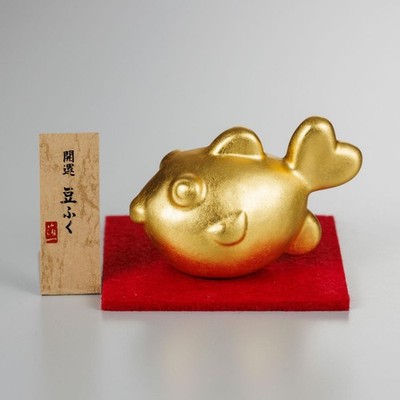 Lucky Fugu Mame Fuku Gold Leaf Kutani Mini Figurine Made in Japan Hakuichi