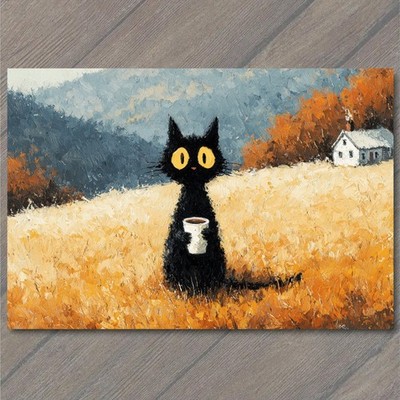Art Print Domestic Shorthair Cat Coffee Cup Autumn Field Farmhouse Oil Paint